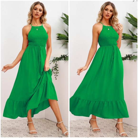 (Out Of Stock) Green Smocked Crisscross Spaghetti Strap Dress - Picture 7 of 10